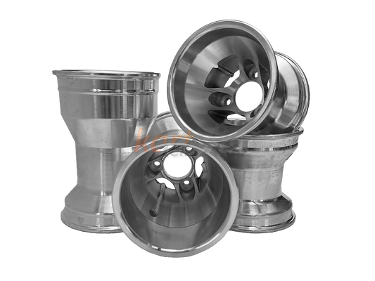 Aluminium Kart-Felgensatz mit einem 58mm Lochdurchmesser in den Vorderradfelgen und 180mm Hinterradfelgen für den Einsatz im Regen (Regenreifen/ Regenfelgen)