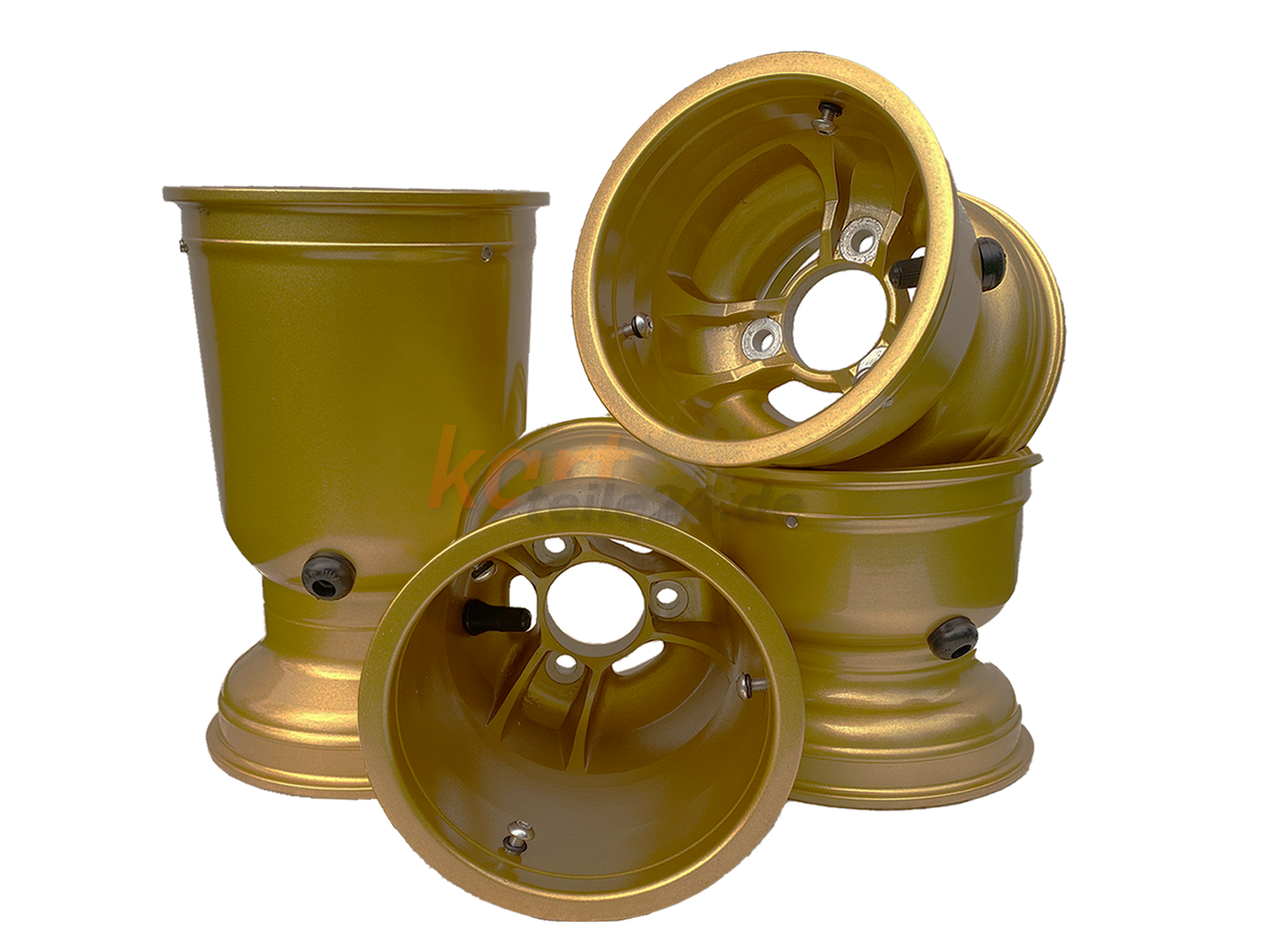 Goldene Magnesium Kart-Felgen mit einer Größe von 130mm/210mm und den passenden Felgensicherungsschrauben (Trockenreifen/ Trockenfelgen)