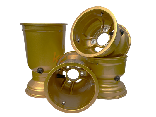 Goldene Magnesium Kart-Felgen mit einer Größe von 130mm/210mm und den passenden Felgensicherungsschrauben (Trockenreifen/ Trockenfelgen)