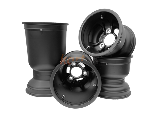 Schwarze Magnesium Kart-Felgen mit einer Größe von 130mm/210mm und den passenden Felgensicherungsschrauben (Trockenreifen/ Trockenfelgen)