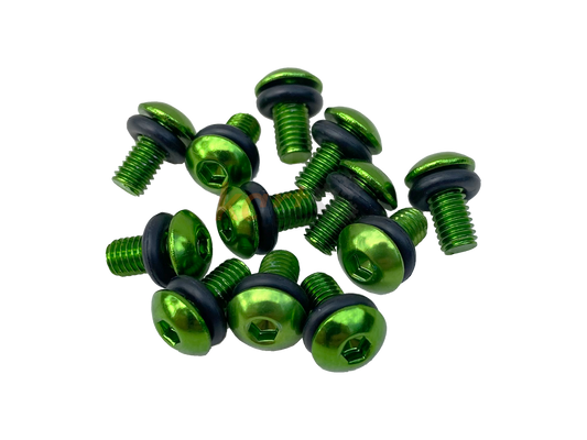 Grüne Felgensicherungsschrauben mit O-Ring (Größe: M5) zur Befestigung in Magnesium- oder Aluminium Kartfelgen