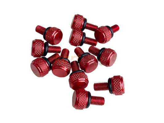 Rote Felgensicherungsschrauben mit O-Ring (Größe: M5) zur Befestigung in Magnesium- oder Aluminium Kartfelgen